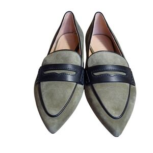 Boden Olive Suede Black Leather Trim Loafers Pointed Toe